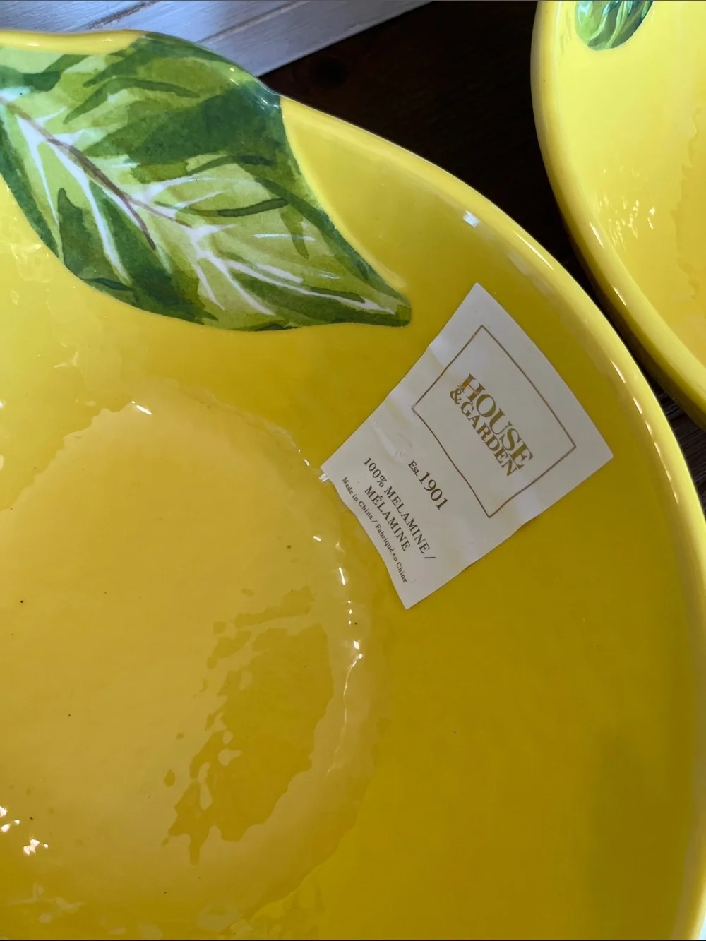 NWT Bright Yellow Lemon-Shaped Melamine Small Serving Bowls with Leaf - Set of 2